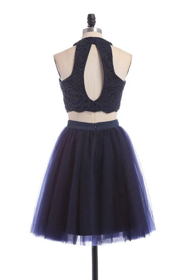 Modest Two Pieces Sleeveless Hollow Navy Blue Homecoming Dress TR0059