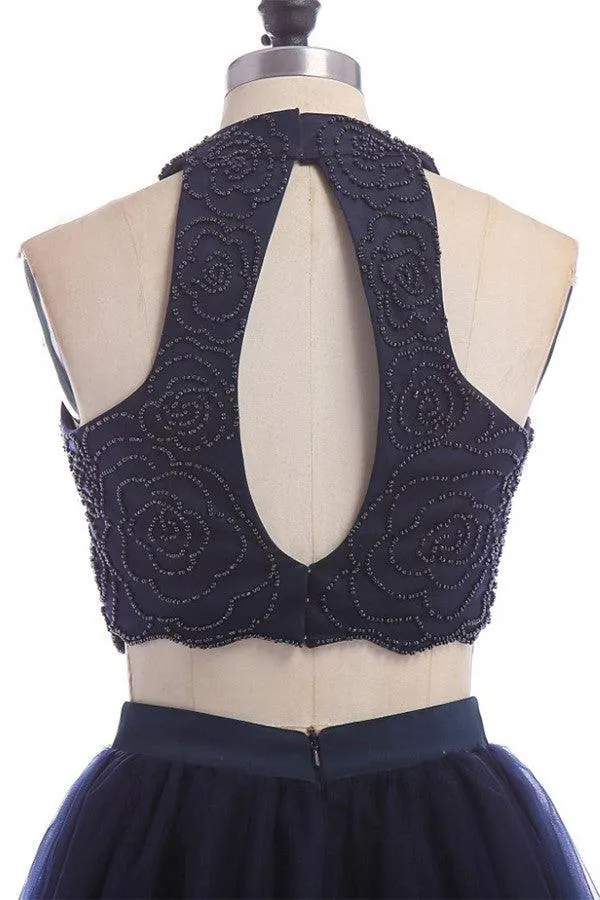 Modest Two Pieces Sleeveless Hollow Navy Blue Homecoming Dress TR0059