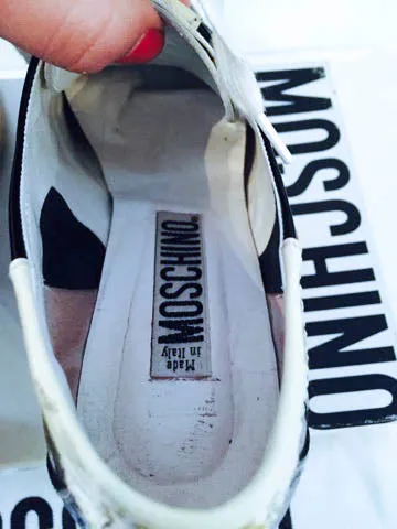 MOSCHINO Black Patent Leather Lace Up Striped Sporty Heels Size 7