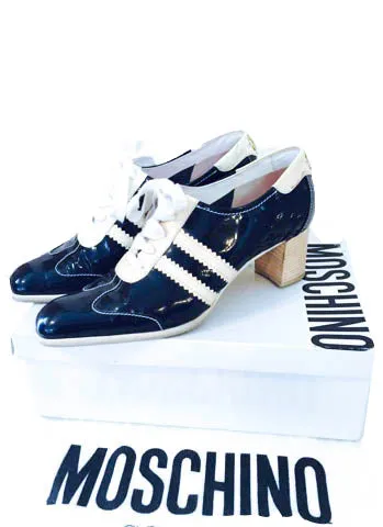 MOSCHINO Black Patent Leather Lace Up Striped Sporty Heels Size 7