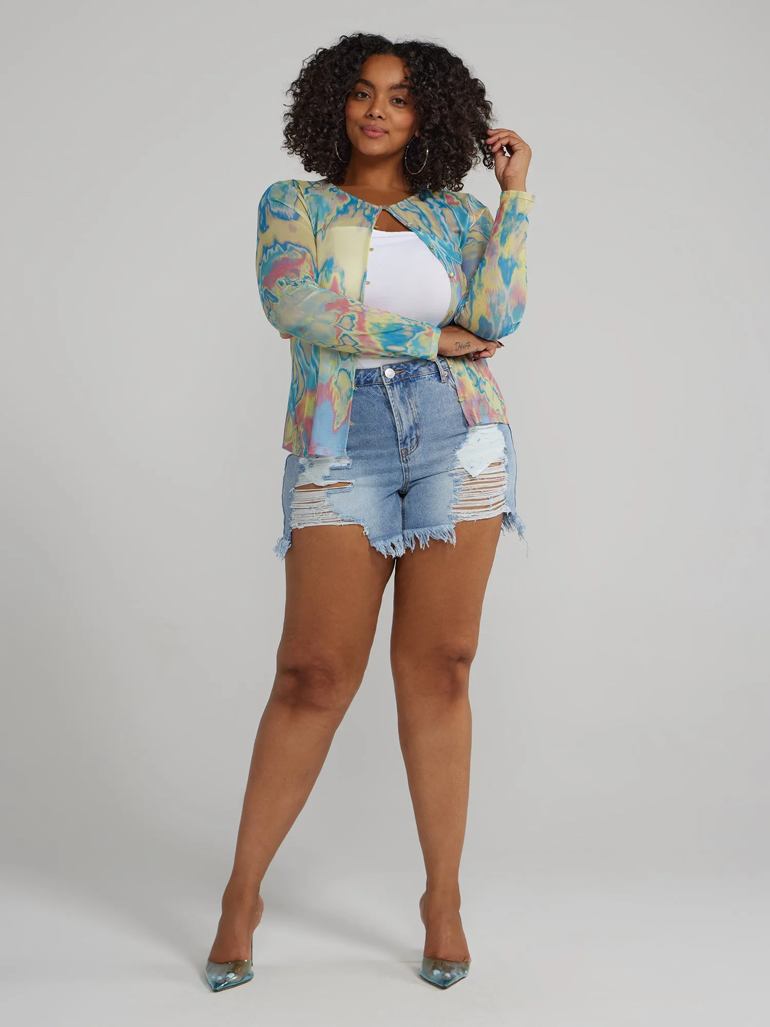 Multicolor Print Button-Down Cardigan