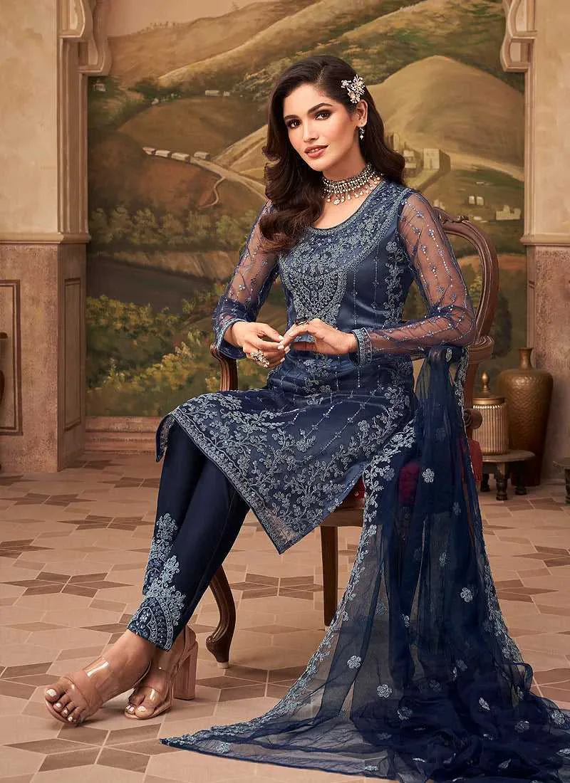 Navy Floral Embroidered Designer Pant Style Suit