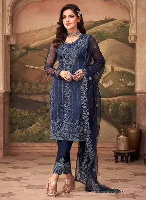Navy Floral Embroidered Designer Pant Style Suit