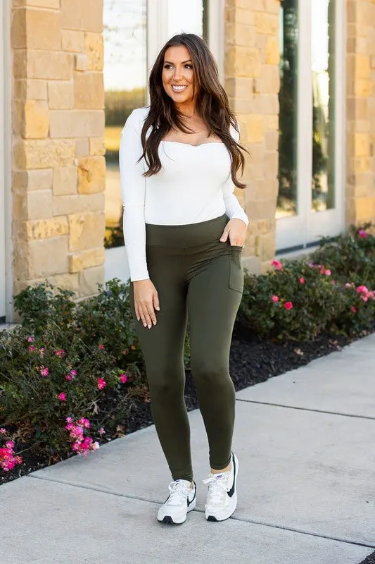 Olive Green Full Length Leggings with Pocket