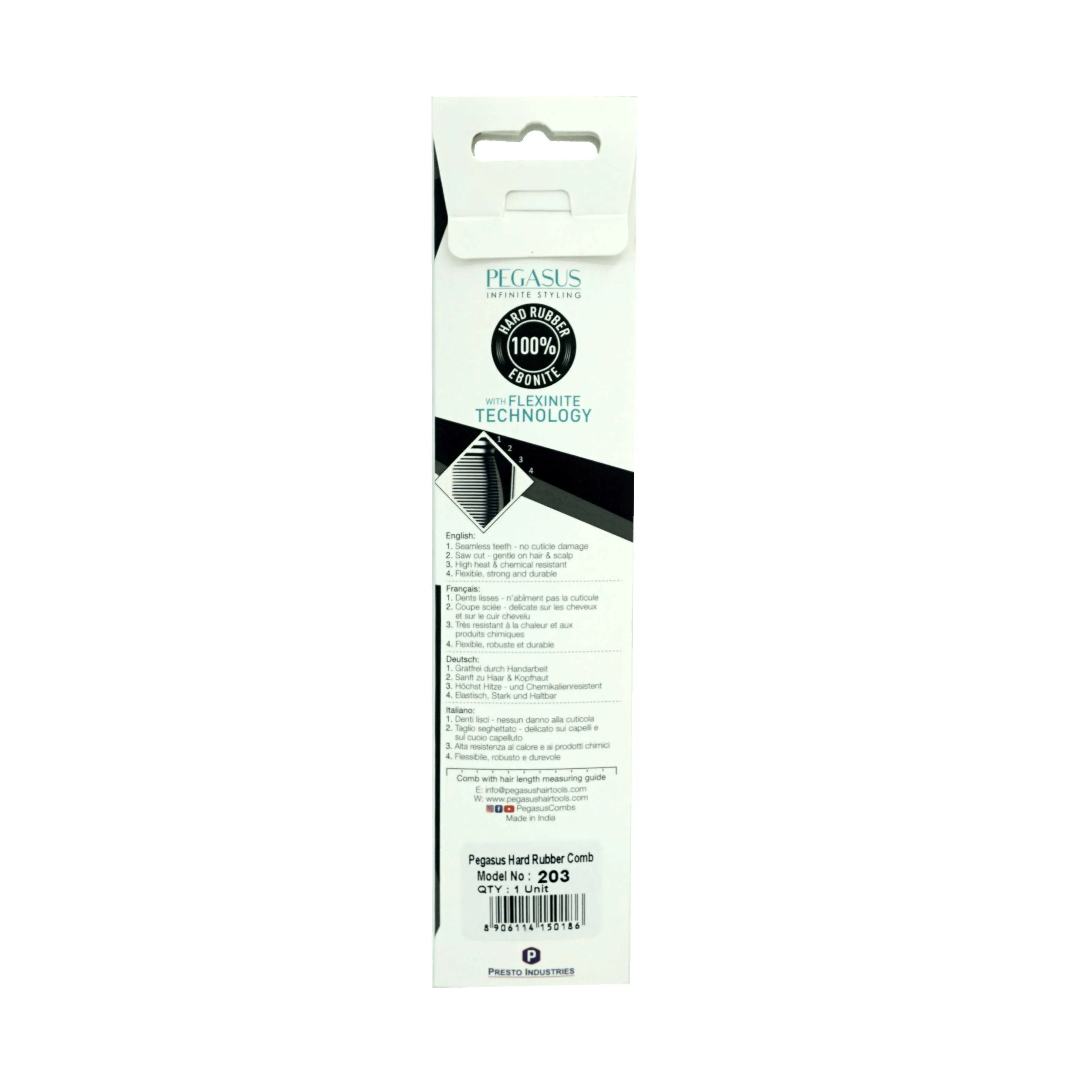 Pegasus 203, 7in Hard Rubber Hair Trimming/Cutting Tease Comb, Handmade, Seamless, Smooth Edges, Anti Static, Heat and Chemically Resistant, Everyday Grooming Comb | Peines de goma dura - Black