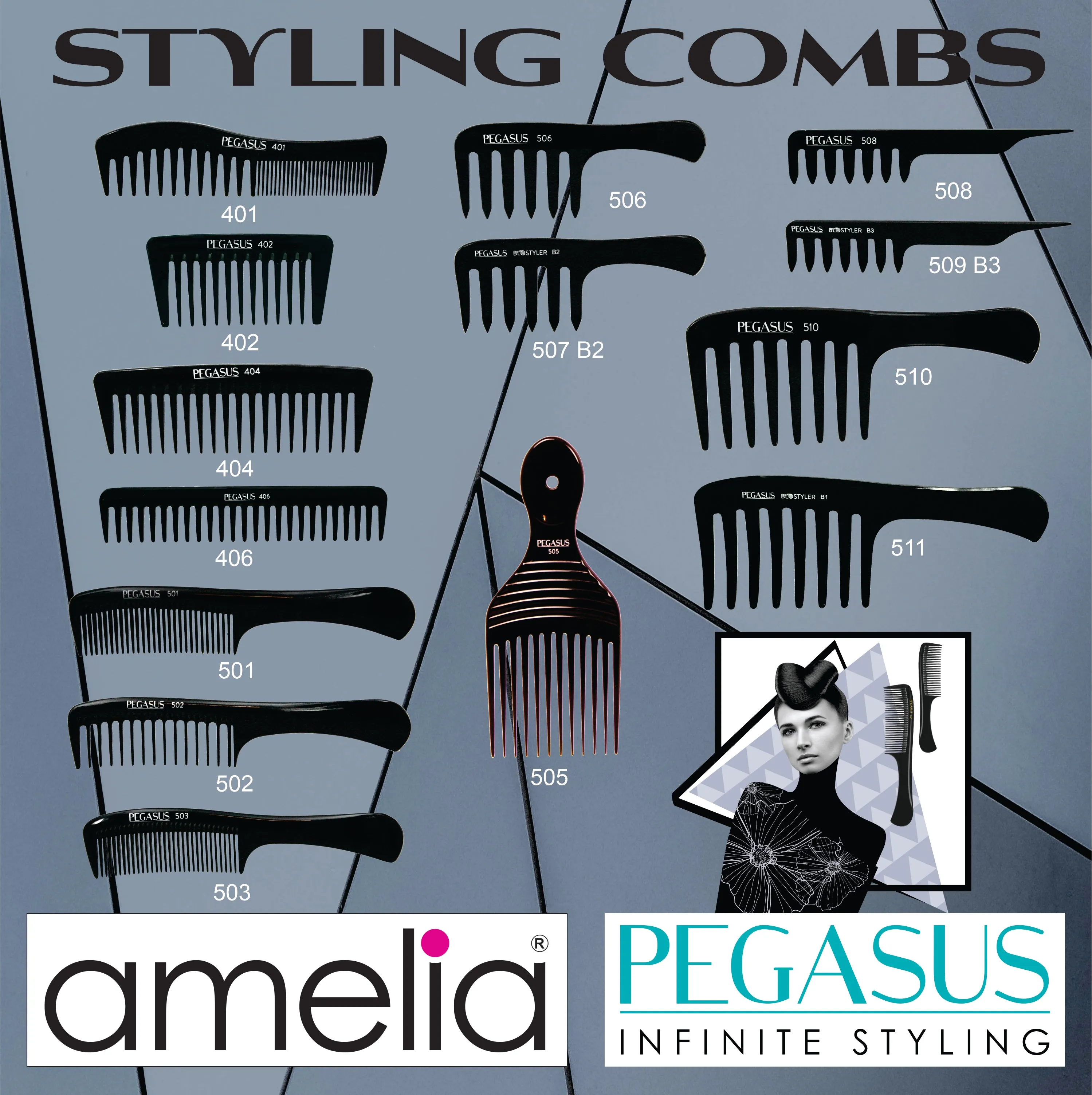 Pegasus 510, 9in Hard Rubber Large Detangling Handled Styling Rake Comb, Seamless, Smooth Edges, Anti Static, Heat and Chemically Resistant, Everyday Grooming Comb | Peines de goma dura - Black