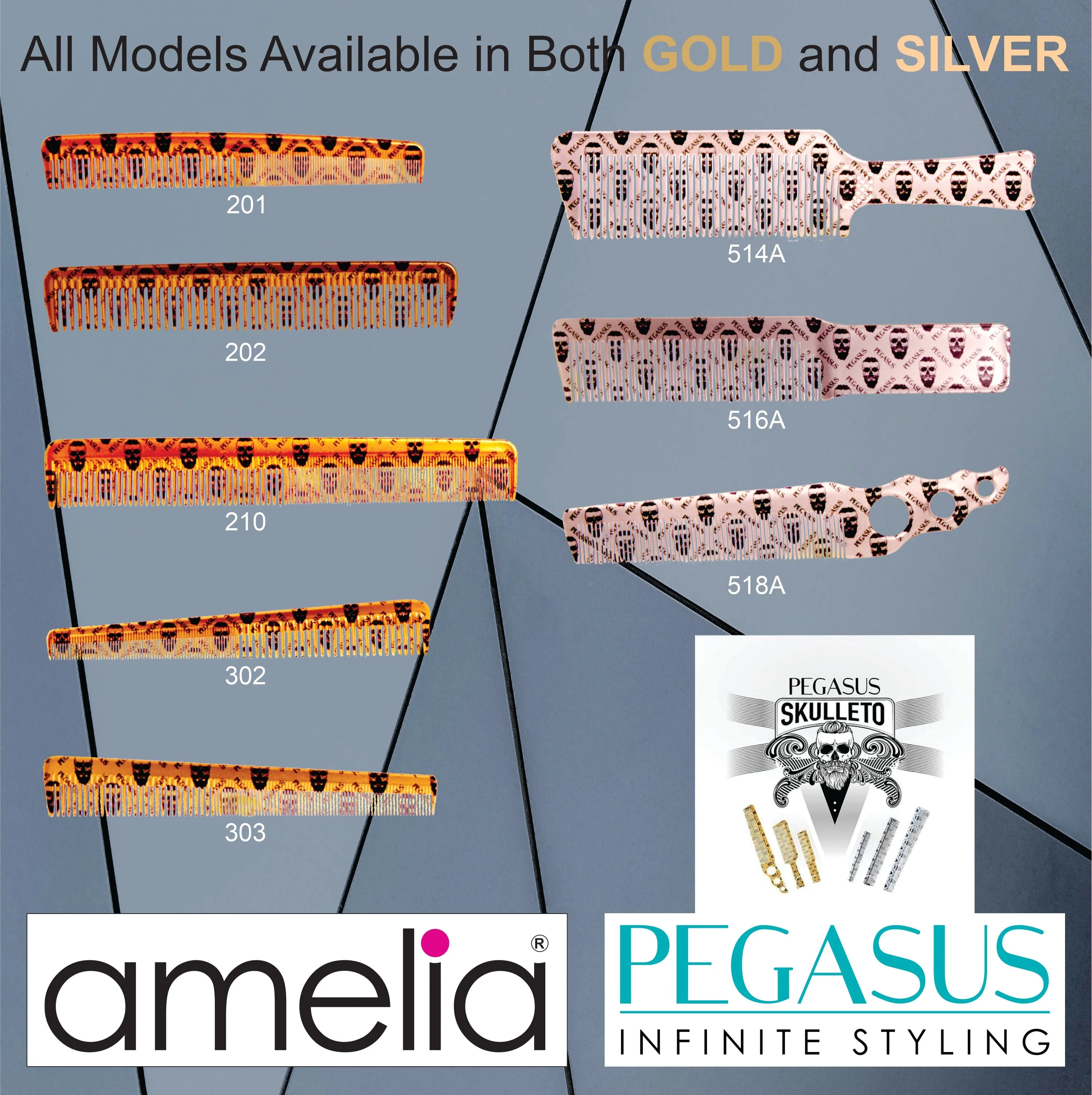 Pegasus Skulleto 516A, 8in Hard Rubber Fine Tooth Klipper Comb, Handmade, Seamless, Smooth Edges, Anti Static, Heat and Chemically Resistant Comb | Peines de goma dura - Silver