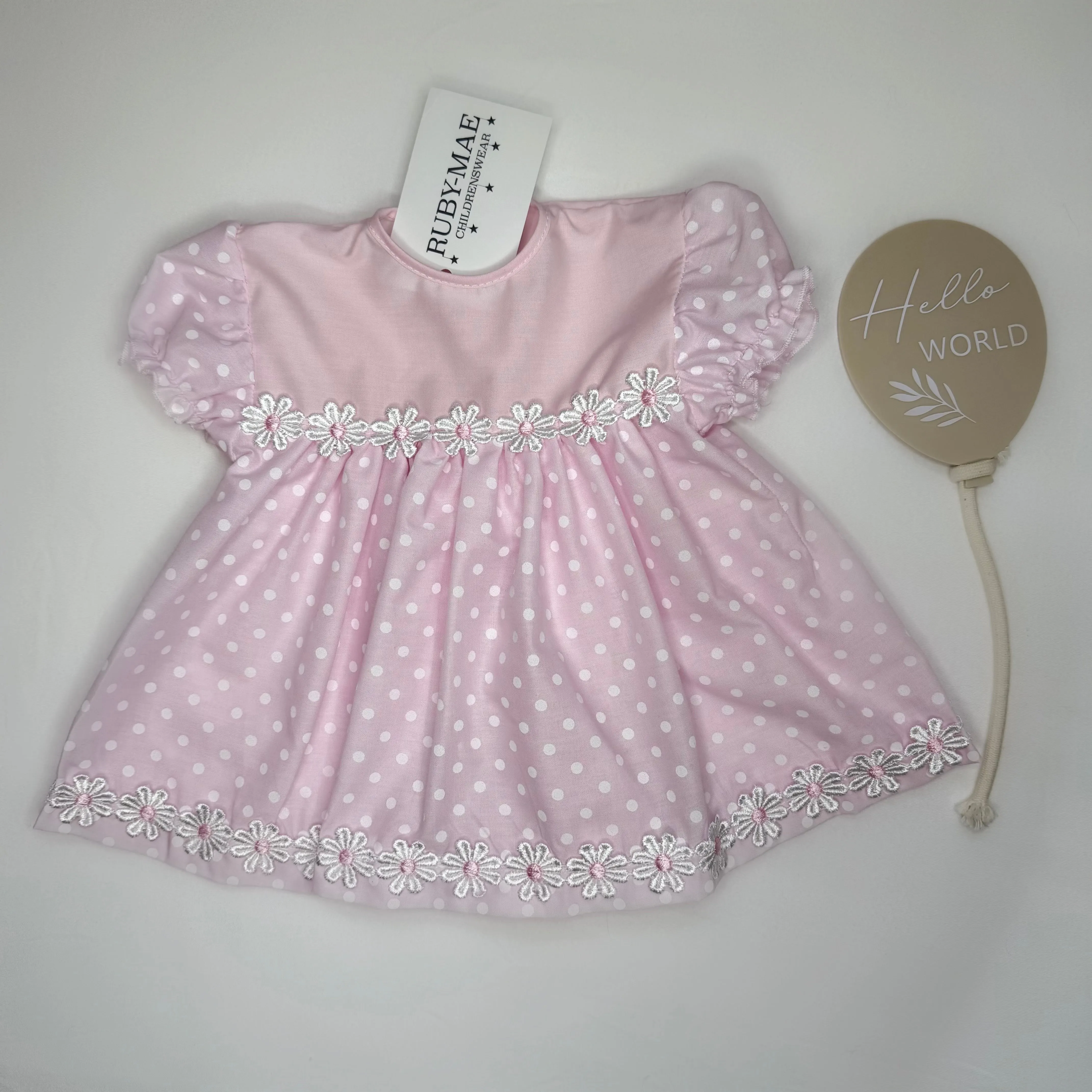 Pink daisy Polka-Dot Lined Dress With Matching Bloomers - Ava