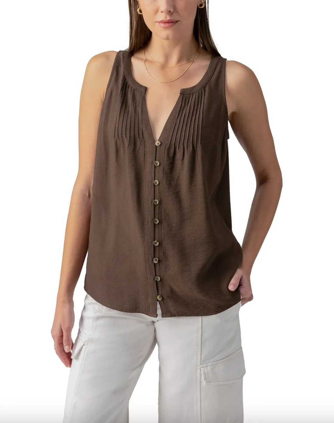 Pintuck Sleeveless Top-Brown-Final Sale