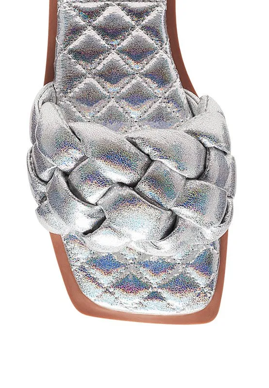 PU QUILTED SLIDES IN WOVEN STRAPS