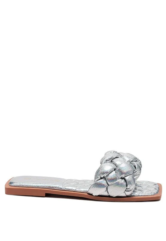PU QUILTED SLIDES IN WOVEN STRAPS