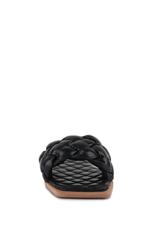 PU QUILTED SLIDES IN WOVEN STRAPS