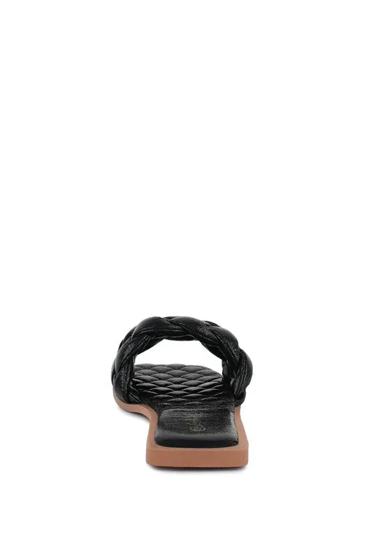 PU QUILTED SLIDES IN WOVEN STRAPS