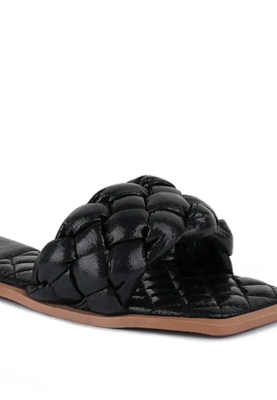 PU QUILTED SLIDES IN WOVEN STRAPS