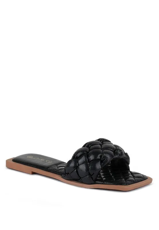 PU QUILTED SLIDES IN WOVEN STRAPS