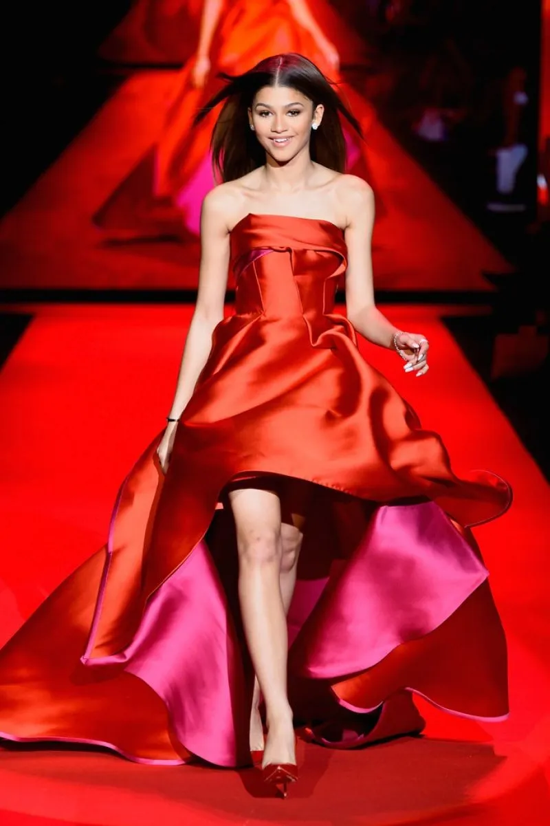 Red Zendaya Coleman High Low Satin Strapless Prom Red Carpet Dress Go Red For Women Red Dress Collection