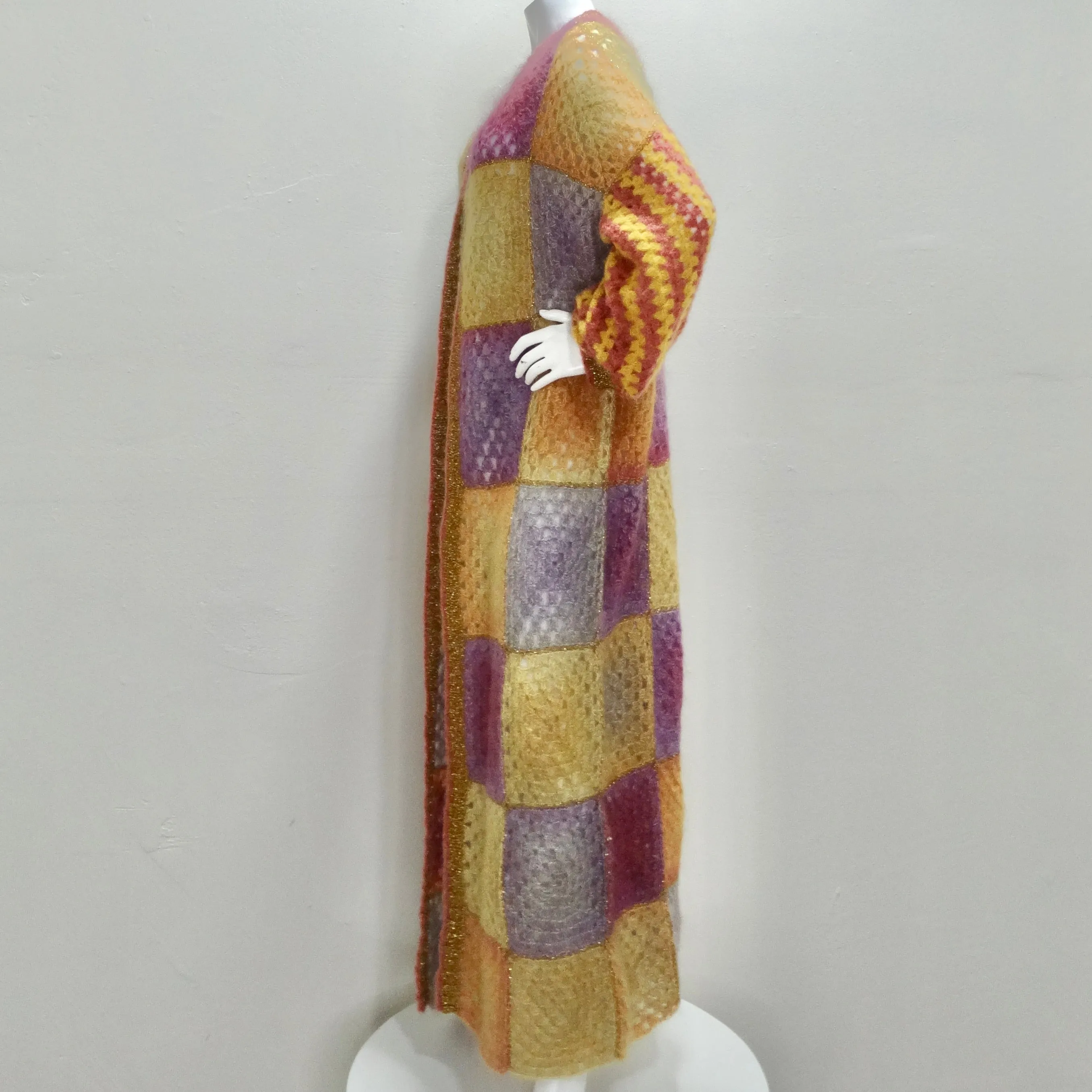 Rose Carmine Patchwork Crochet Multicolor Mohair Duster Cardigan