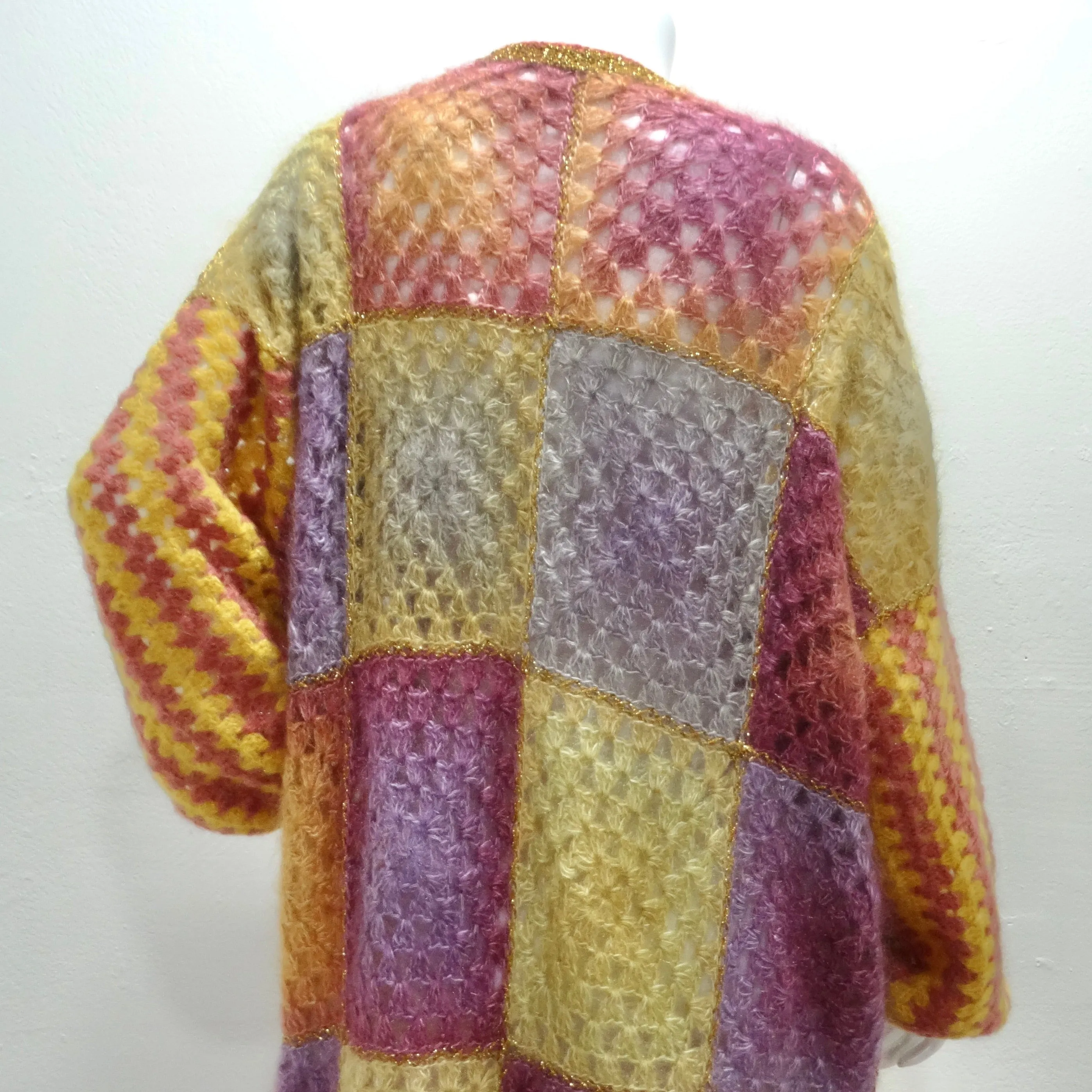 Rose Carmine Patchwork Crochet Multicolor Mohair Duster Cardigan