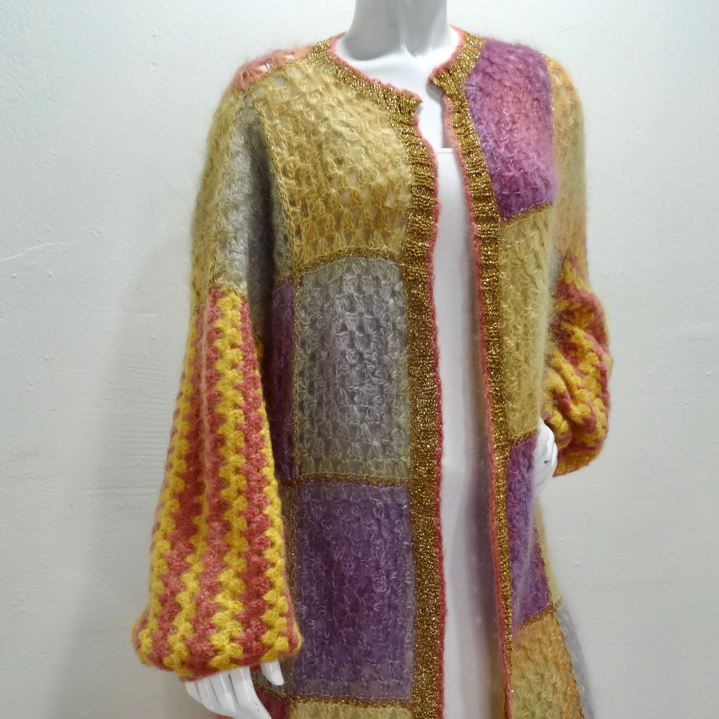 Rose Carmine Patchwork Crochet Multicolor Mohair Duster Cardigan