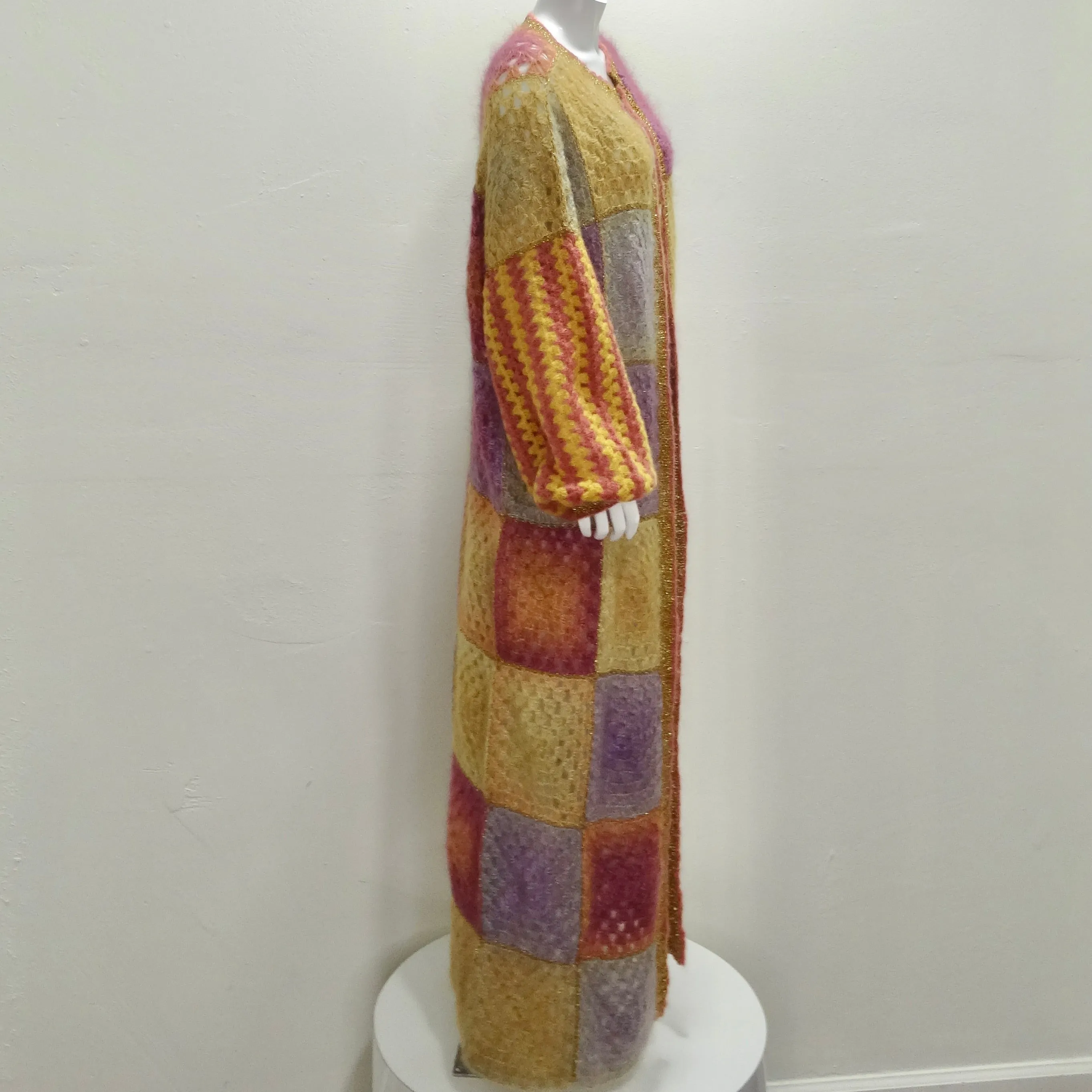 Rose Carmine Patchwork Crochet Multicolor Mohair Duster Cardigan