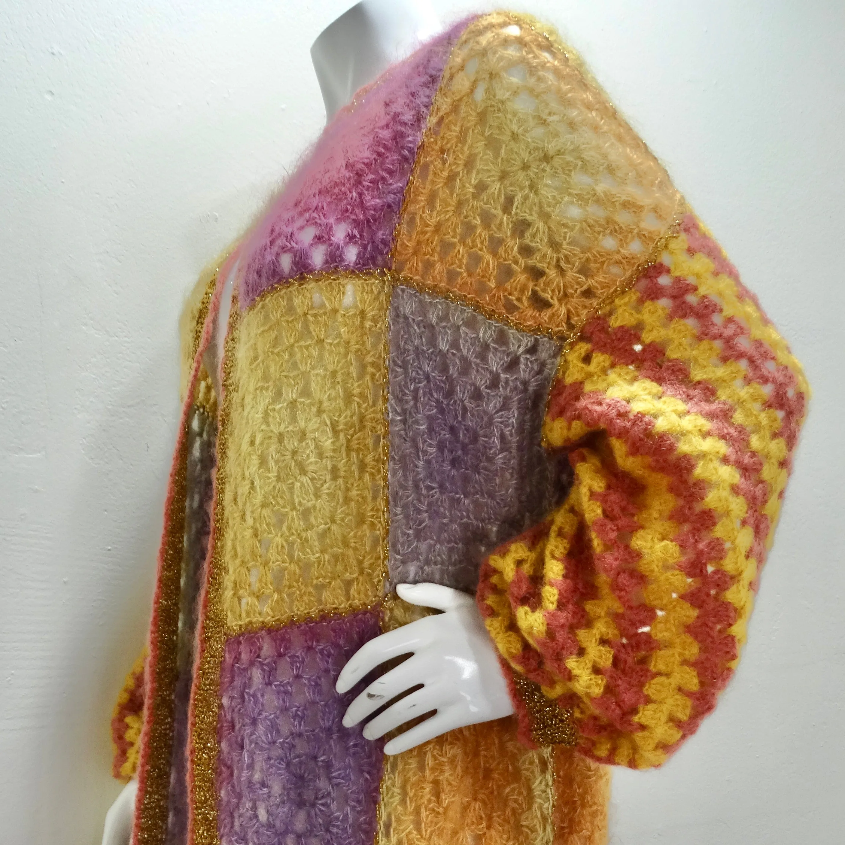 Rose Carmine Patchwork Crochet Multicolor Mohair Duster Cardigan