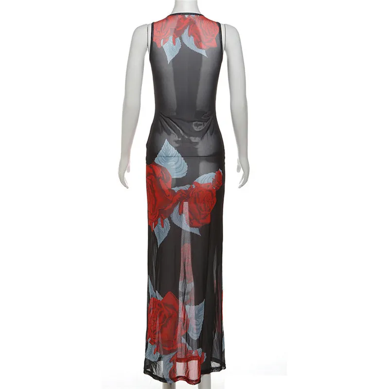 Rose Print Sheer Maxi Dress