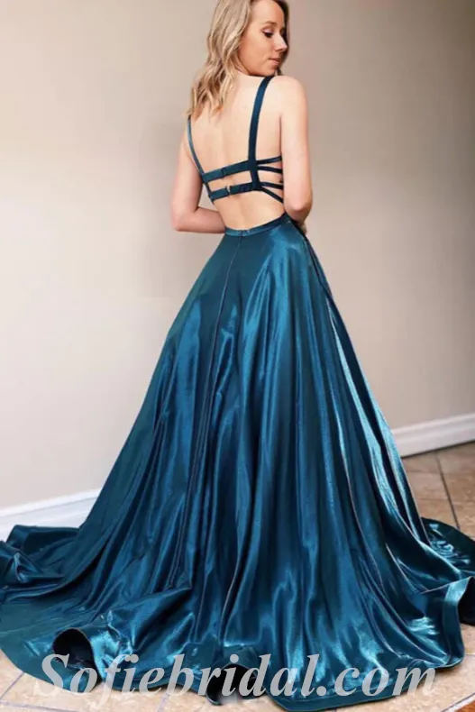 Sexy Satin Spaghetti Straps Square Sleeveless Open Back A-Line Long Prom Dresses,SFPD0483