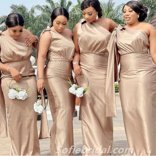 Sexy Soft Satin One Shoulder Sleeveless Mermaid Floor Length Bridesmaid Dressses, SFWG00448