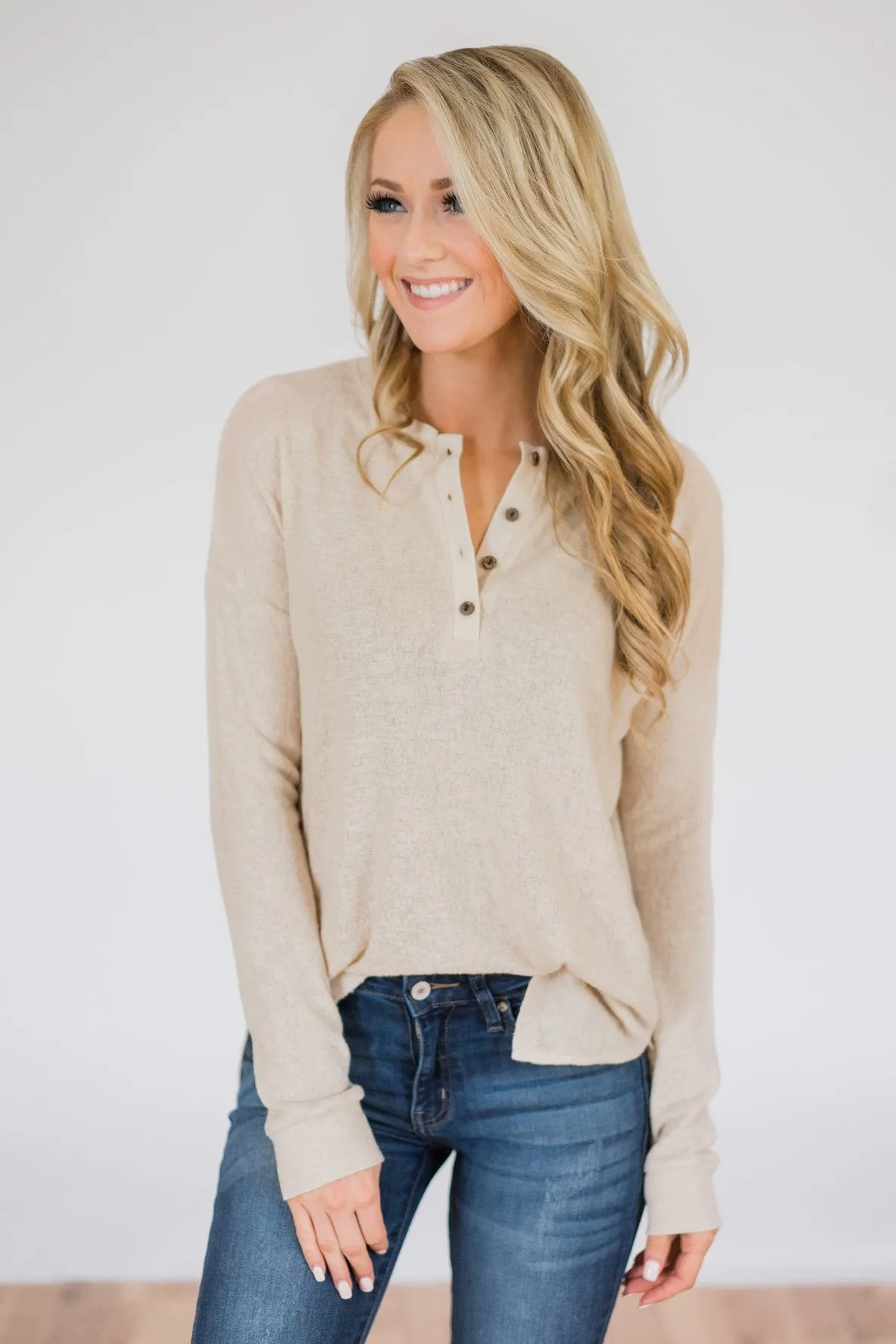 Soft & Cozy 4-Button Henley Top- Taupe