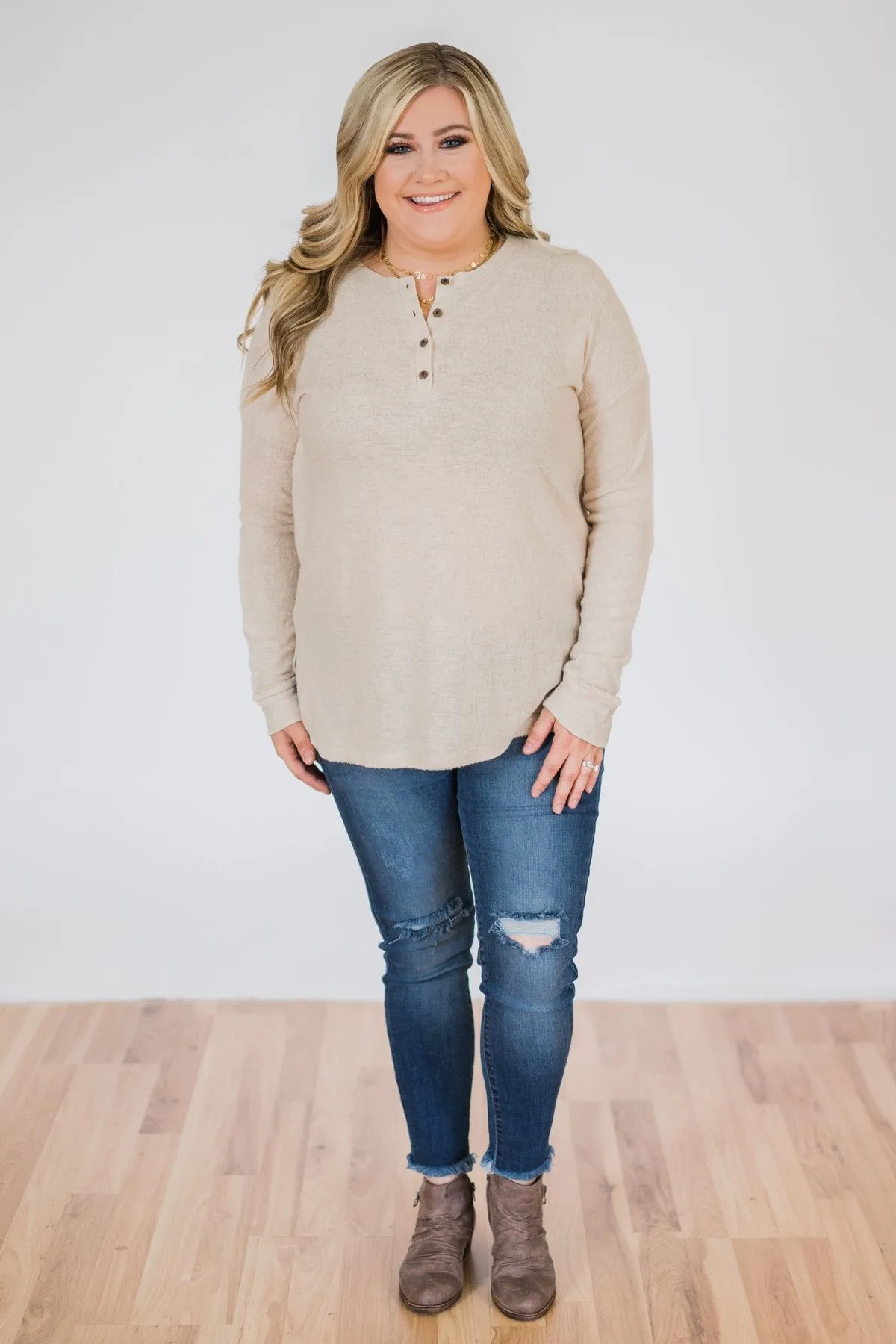 Soft & Cozy 4-Button Henley Top- Taupe