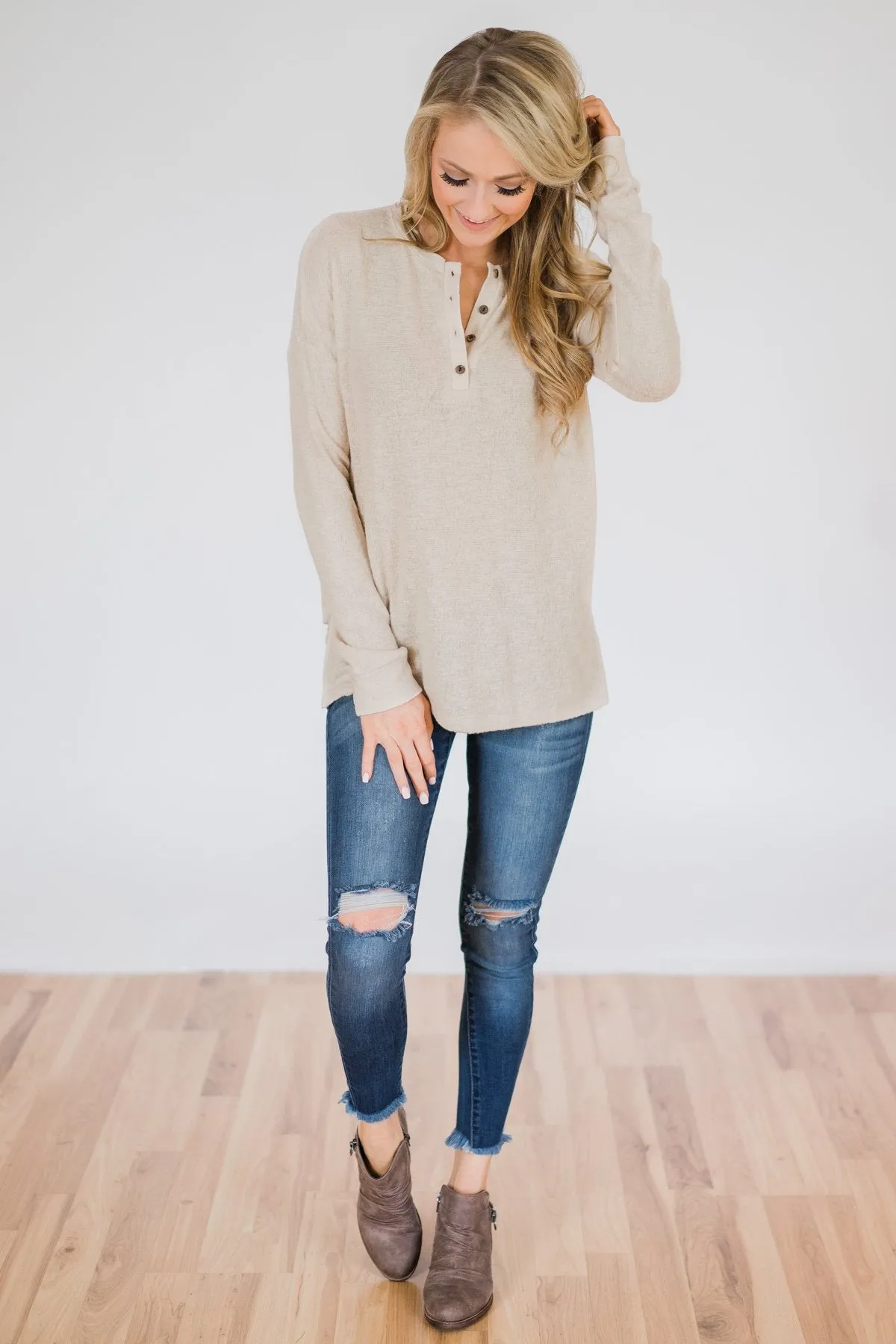 Soft & Cozy 4-Button Henley Top- Taupe
