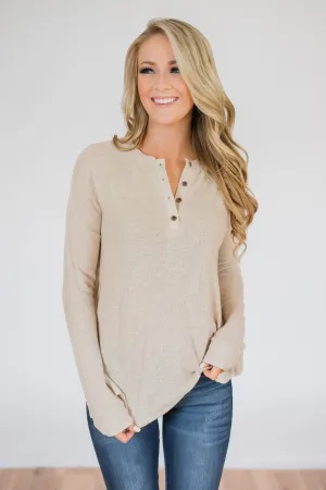 Soft & Cozy 4-Button Henley Top- Taupe