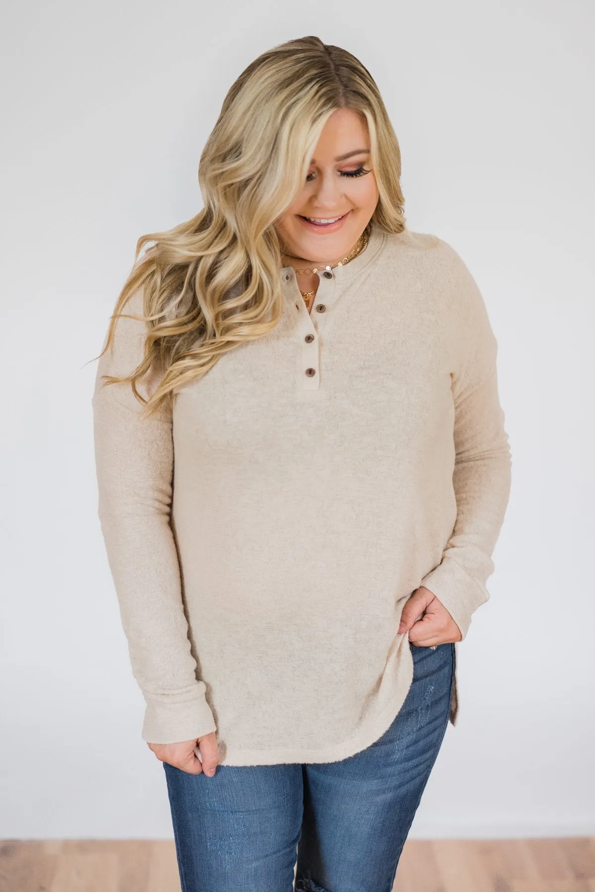 Soft & Cozy 4-Button Henley Top- Taupe