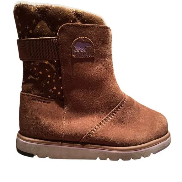 Sorel Rylee Boot Girls swede size 3 w'gold star accents and elastic ankle strap