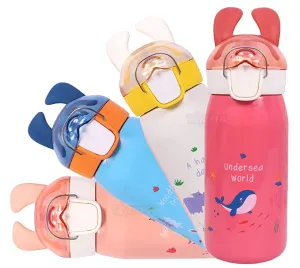 Spanker 400 Ml Cute Bunny Insulated Hot n Cold Water Bottle for Kids Steel Flask Metal Thermos Spill Proof Cap Closure BPA Free for School Home - Pink
