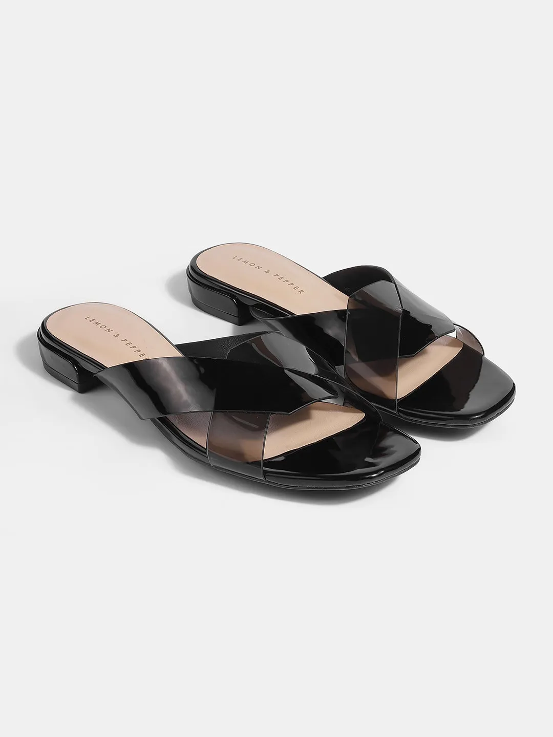 Stylish Black Sliders with Transparent Cross Straps