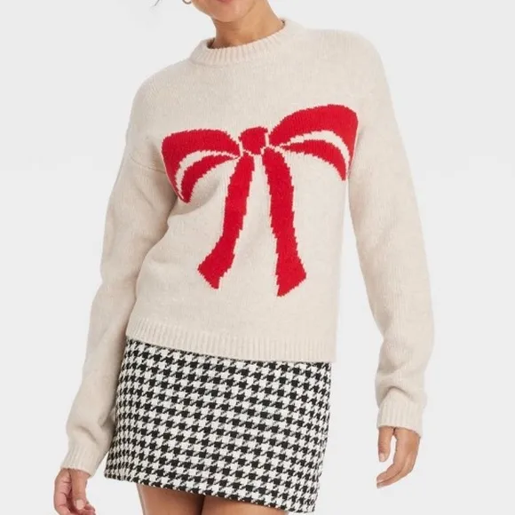 Target Holiday Crewneck Pullover Sweater New Day Oatmeal Red Bow Size Small NWT