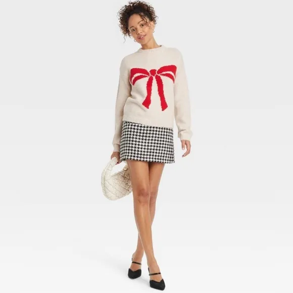 Target Holiday Crewneck Pullover Sweater New Day Oatmeal Red Bow Size Small NWT
