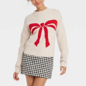 Target Holiday Crewneck Pullover Sweater New Day Oatmeal Red Bow Size Small NWT