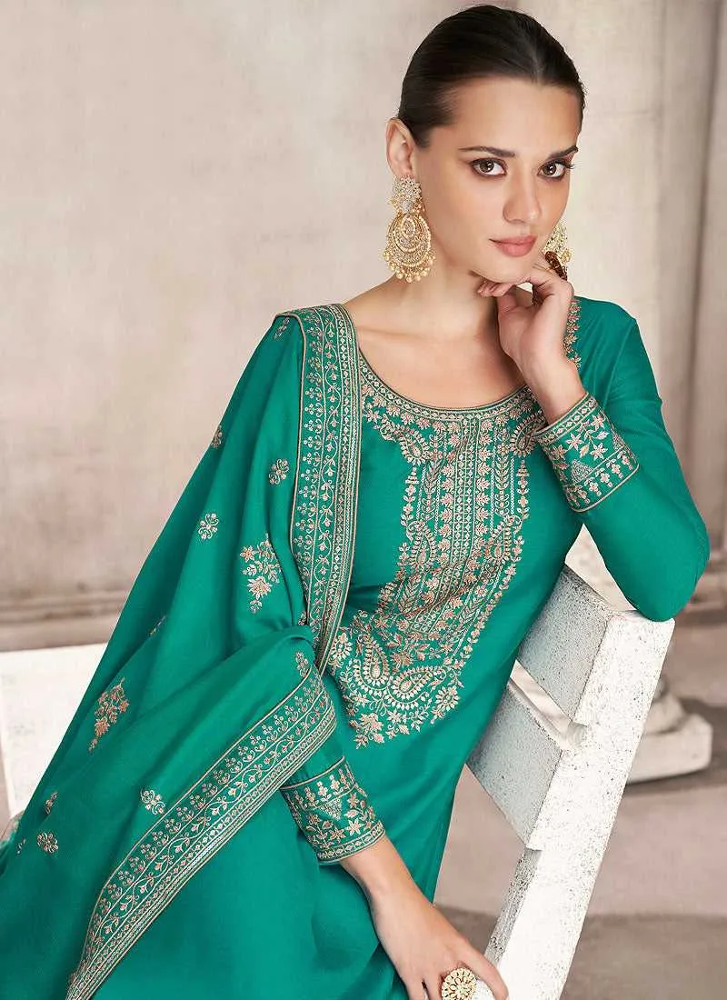 Teal and Gold Embroidered Pant Style Suit