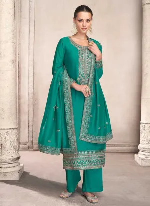 Teal and Gold Embroidered Pant Style Suit
