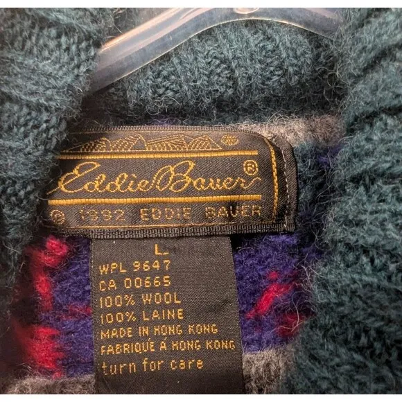 Vintage Eddie Bauer 1992 wool turtleneck Blue Green Moose Sweater  size L cozy