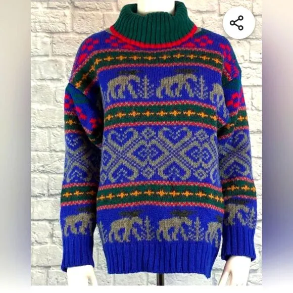 Vintage Eddie Bauer 1992 wool turtleneck Blue Green Moose Sweater  size L cozy