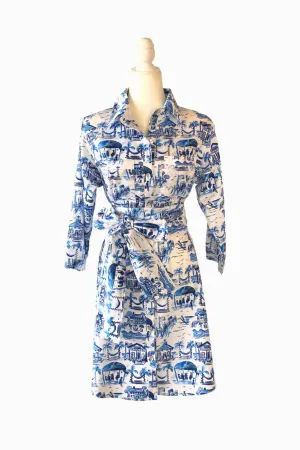 Waverly Shirt Dress in Blue and White Pawleys Toile