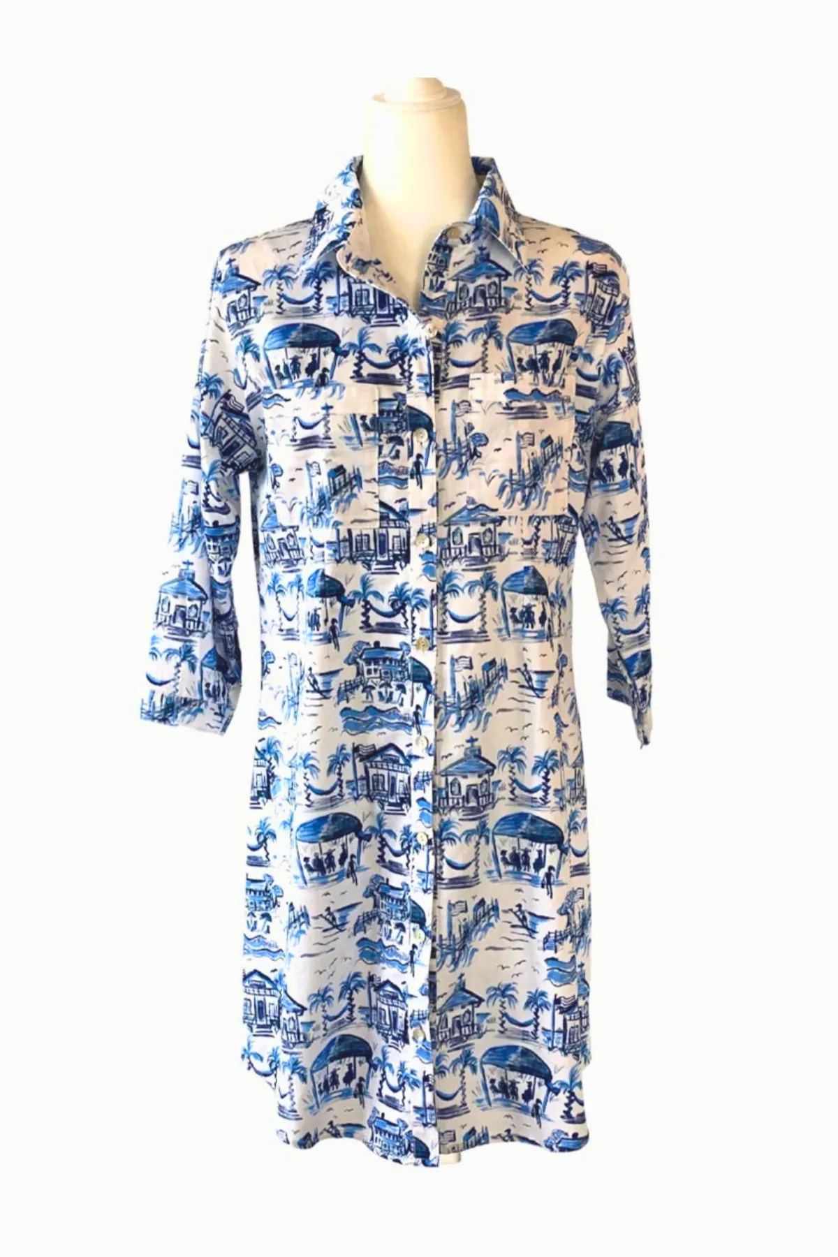 Waverly Shirt Dress in Blue and White Pawleys Toile
