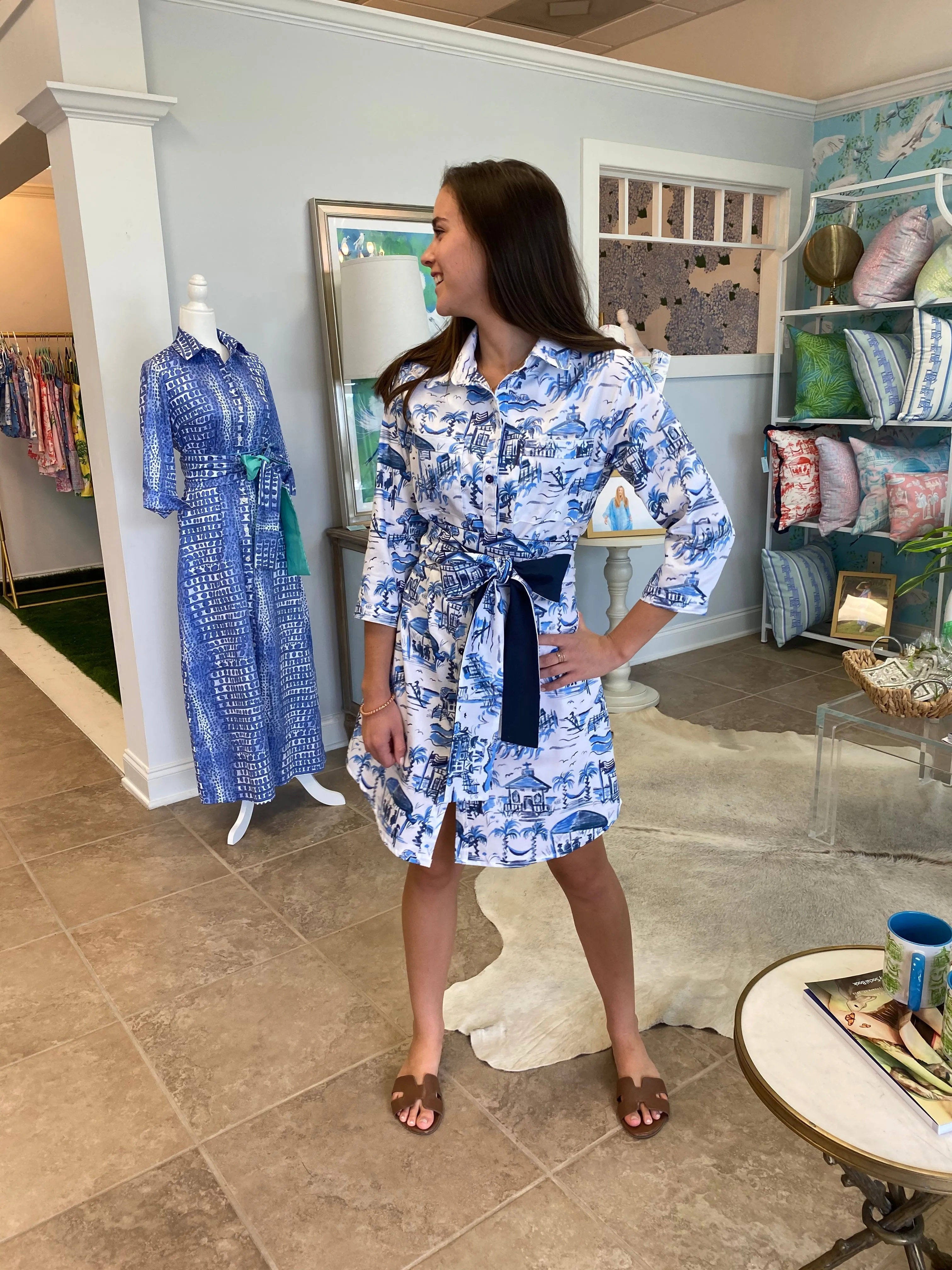 Waverly Shirt Dress in Blue and White Pawleys Toile